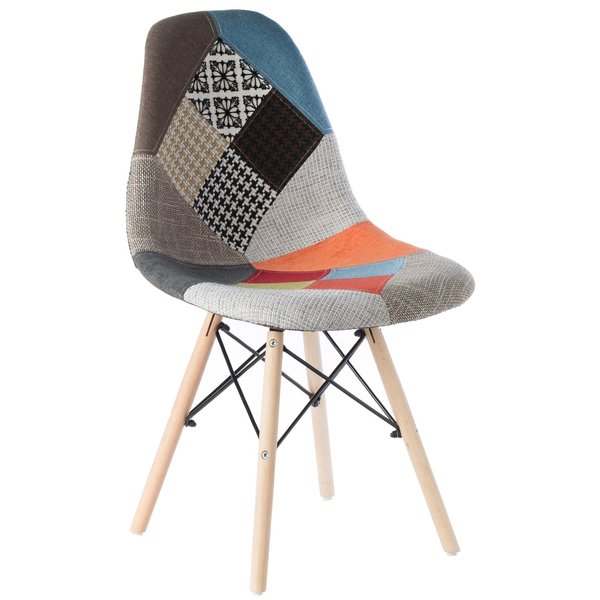 Fabulaxe Plastic Multicolor Fabric Patchwork DSW Shell Dining Chair with Wooden Dowel Eiffel Legs QI003747
